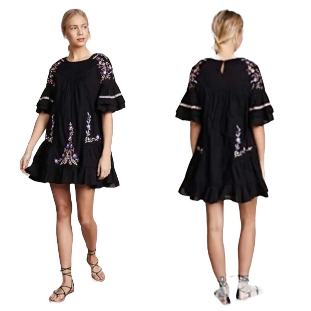 Free People Small Pavlo Black Floral Embroidered Mini Ruffle Babydoll Dress - Picture 1 of 8